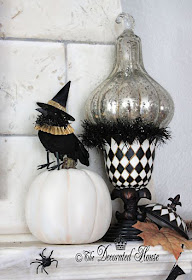 Elegant and fun Halloween Decorating in Black and White. Crows with hats, Annie Sloan Chalk Paint Pumpkin and Mercury Glass