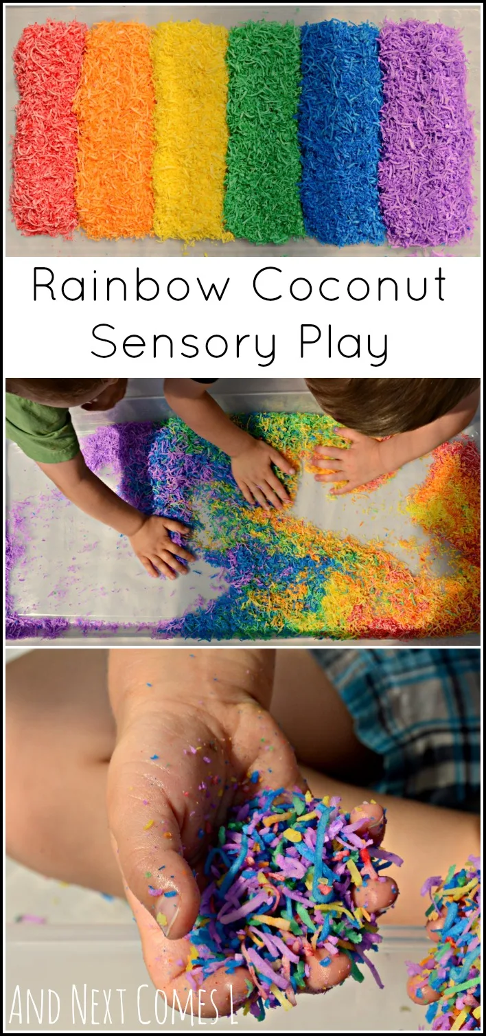How to dye shredded coconut for sensory play - colorful and scented fun for kids from And Next Comes L
