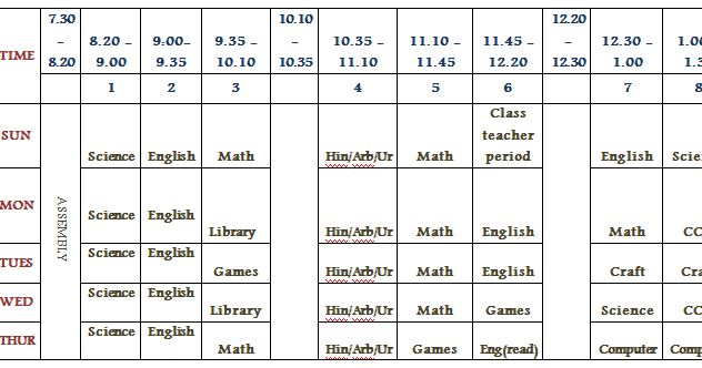 Birla World School Oman: Time Table - 1B
