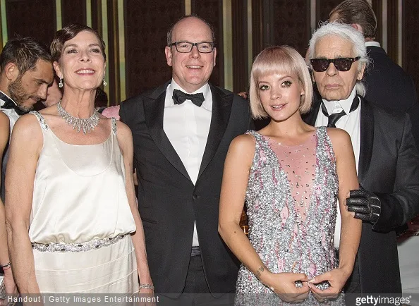 Princess Caroline of Hanover, Prince Albert II of Monaco, Lily Allen and Karl Lagerfeld attend the Rose Ball 2015 in aid of the Princess Grace Foundation at Sporting Monte-Carlo