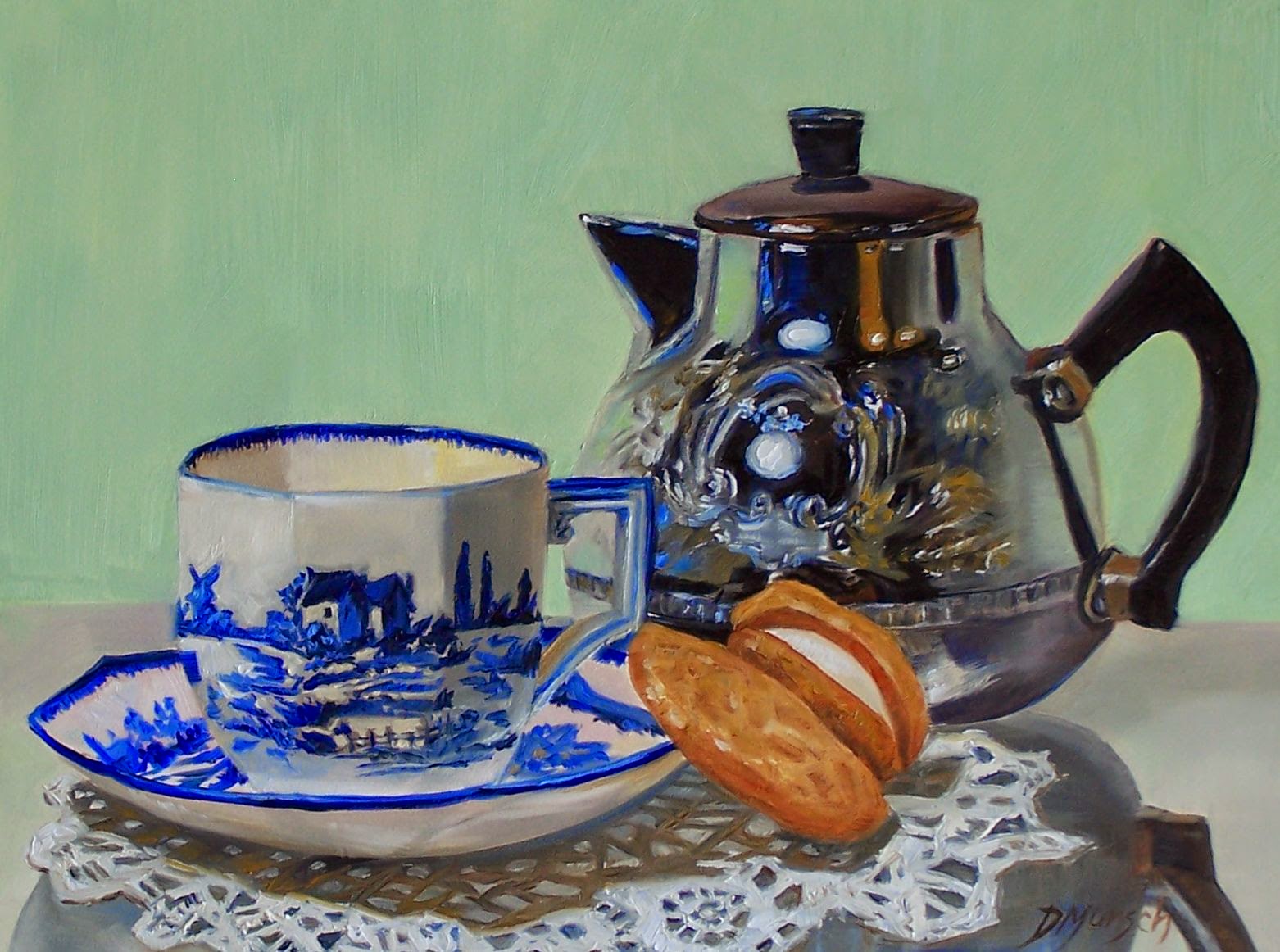 Donna Munsch Fine Art Original Oil Painting Tea and Cookie Break