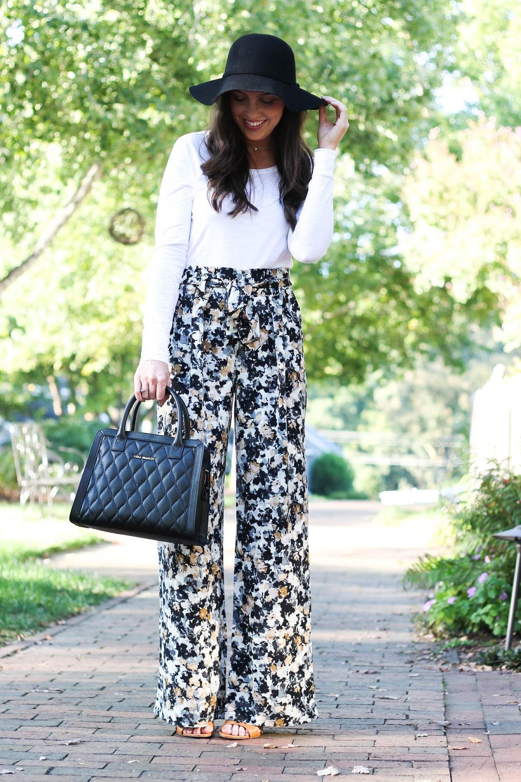 Nordstrom Leith Pleated Highwaisted Print Flare Pants, LOFT white long sleeve tee, black felt floppy hat,  quilted Vera Bradley satchel, fall outfit, cute fall look, ways to simplify your life, printed pants, Fearrington Village