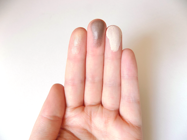 MAC eyeshadow swatches in All That Glitters, Satin Taupe & Blanc Type