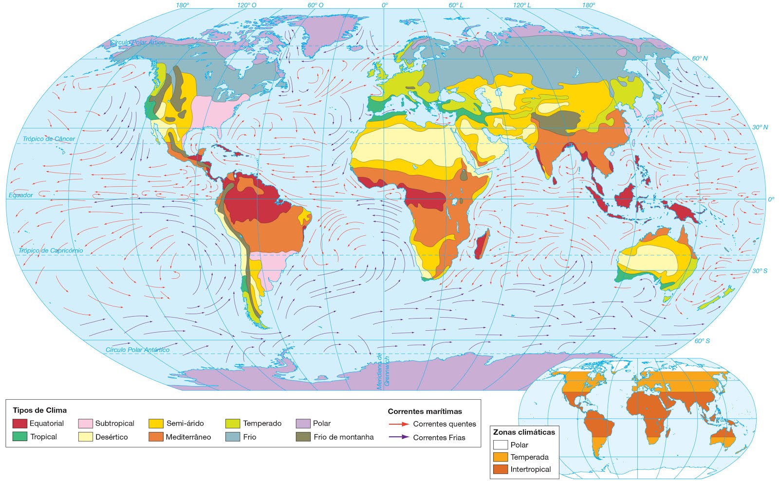 AB Vetor: Mapa Mundi - Zonas climáticas e correntes marítmas