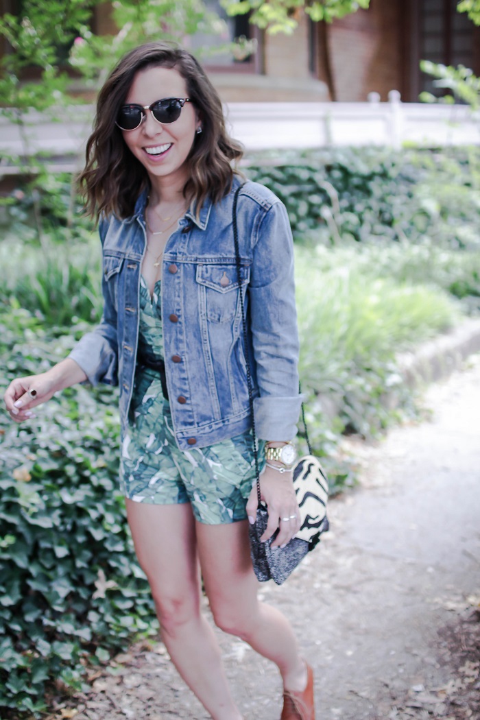 how to wear a romper for a casual brunch. | A.Viza Style | palm print romper. gap jean jacket. leather oxfords.