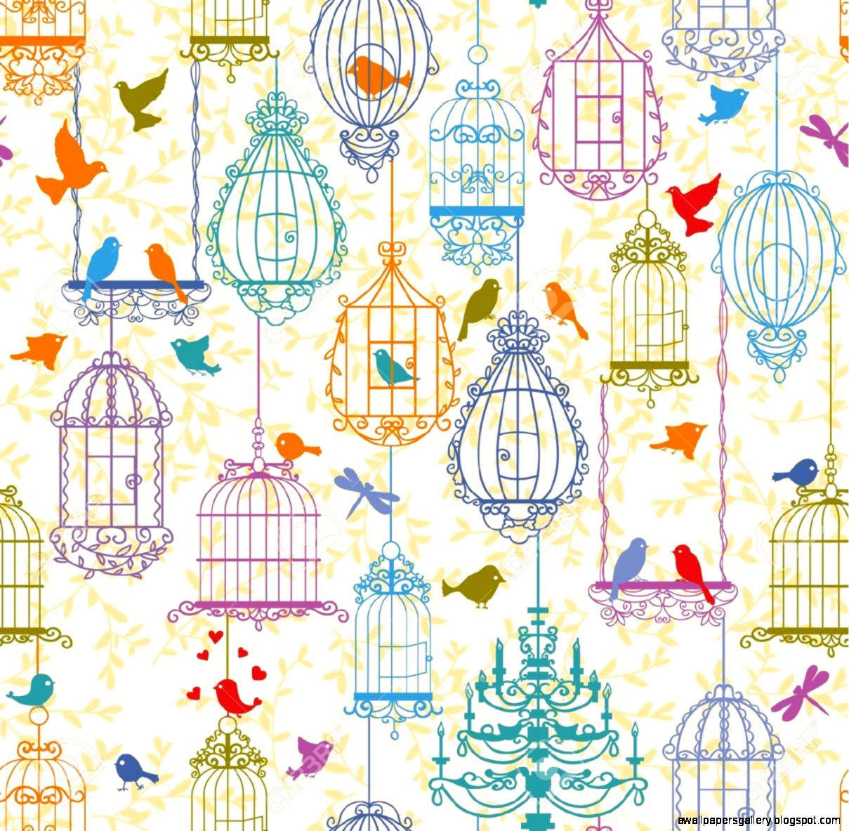 Vintage Birds And Birdcages Collection Pattern Wallpaper