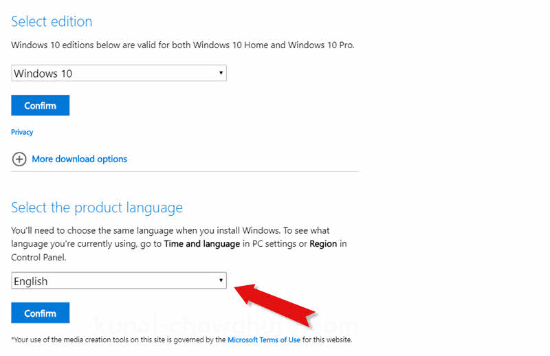 Select the product language of the Windows 10 edition