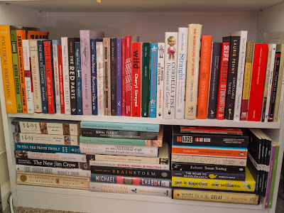 Middle shelf: Audre Lorde, bell hooks, Angela Davis, Maggie Nelson, Rebecca Solnit, Eula Biss, Adrienne Rich, Leslie Jamison, Cheryl Strayed, Tillie Olsen, Cordelia Fine, Hanne Blank, Laurie Penny, Howard Zinn, Virginia Woolf, Dorothy Sayers