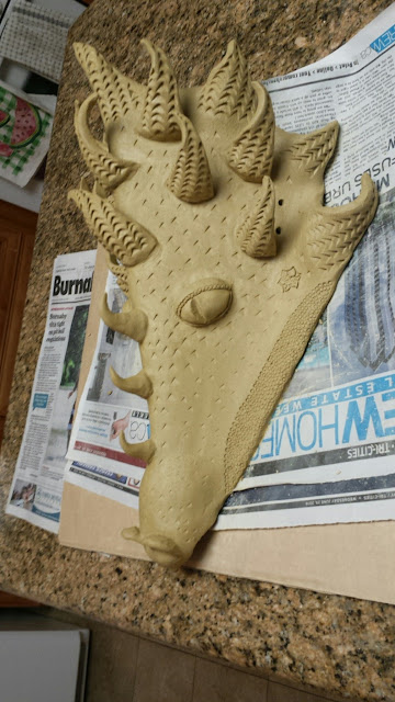 Bob Kingsmill inspired ceramic dragon mask, in progress, by Lily L.