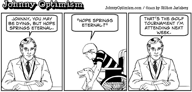 johnny optimism, medical, humor, sick, jokes, boy, wheelchair, doctors, hospital, stilton jarlsberg, hope springs eternal, golf, tournament