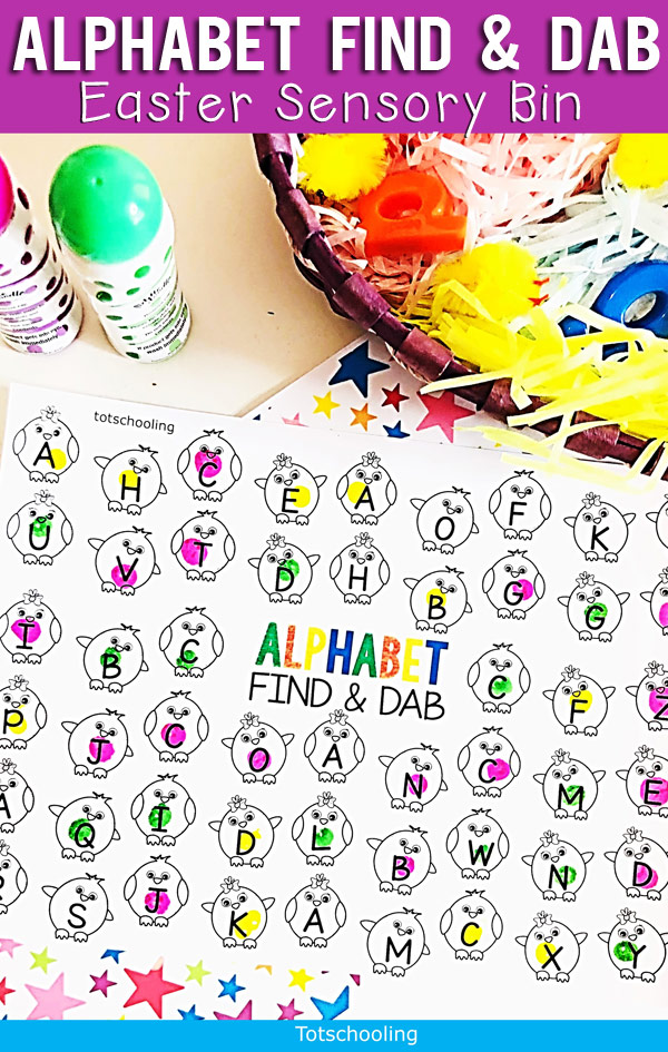 FREE printable find & dot Alphabet activity for prek and kindergarten kids, perfect for Spring or Easter theme! Great literacy activity with a sensory bonus!