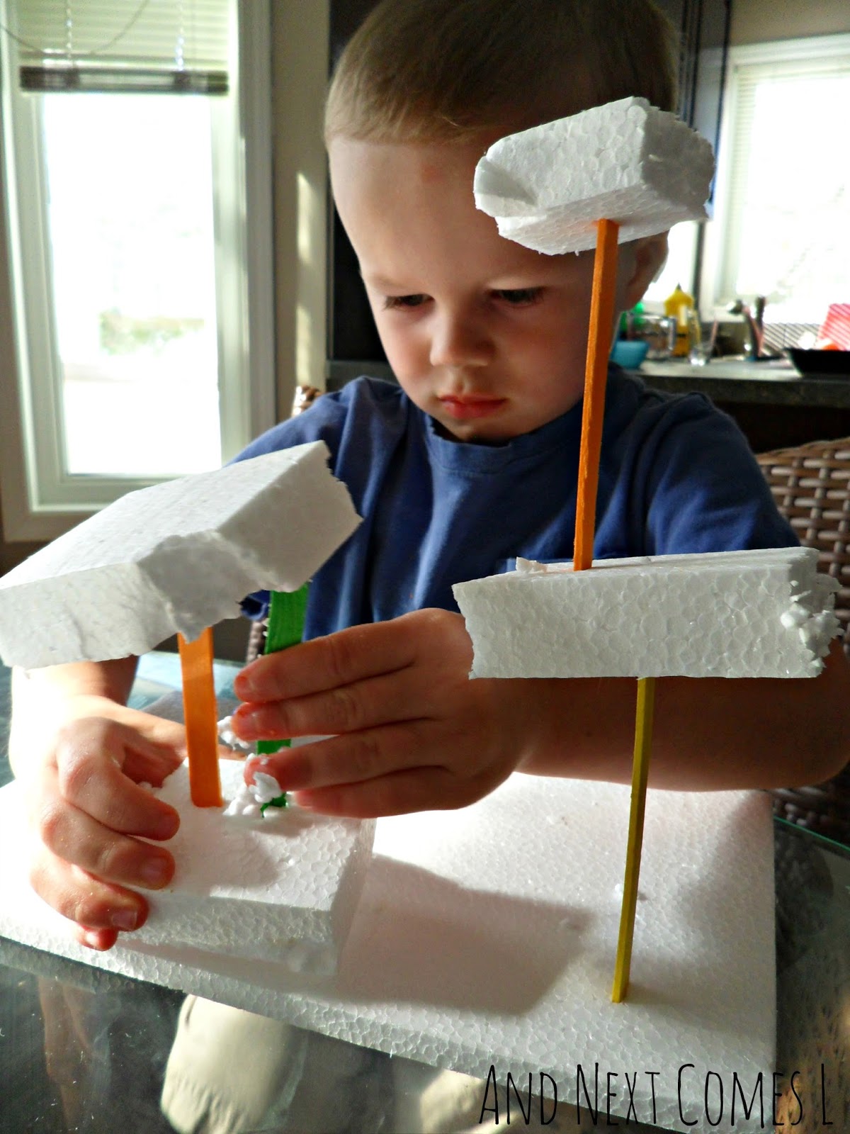 Building With Styrofoam and Colored Craft Sticks And Next Comes L