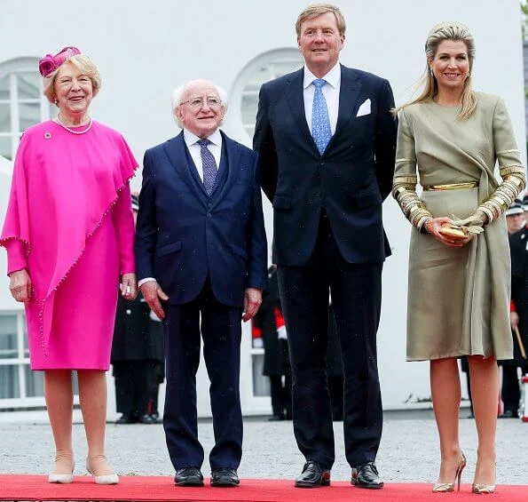 Queen Maxima wore a outfit from Claes Iversen 2019 collection. Michael D Higgins and his wife Sabina Higgins