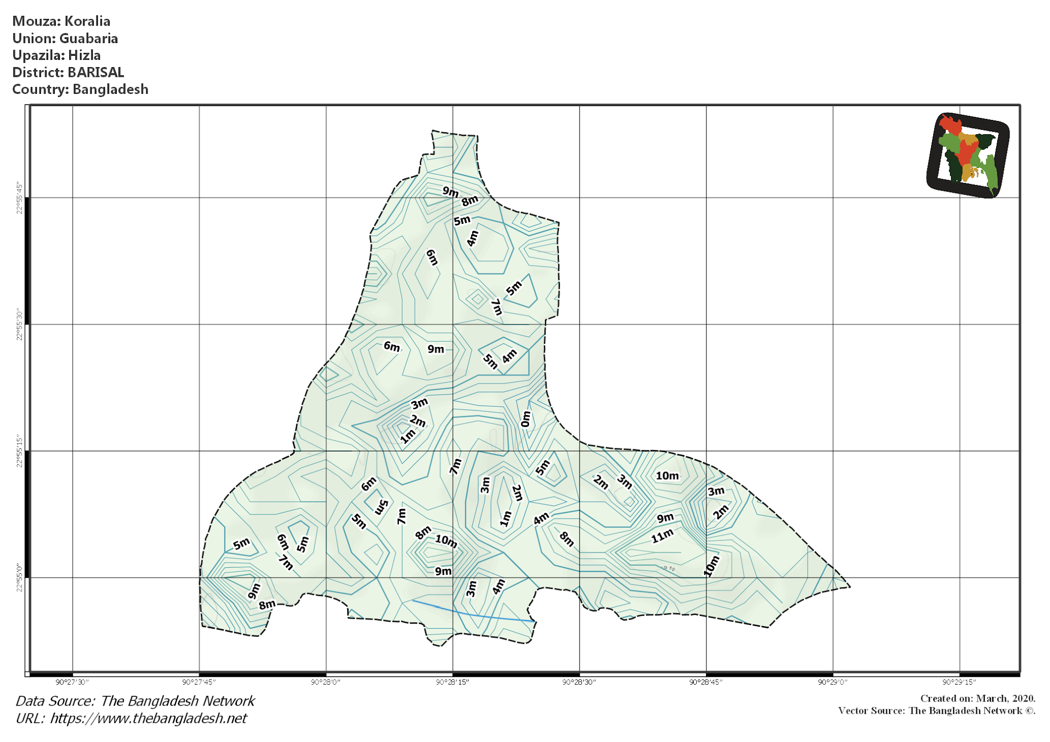 Map of Koralia Mouza of Hizla Upazila, BARISAL, Bangladesh.