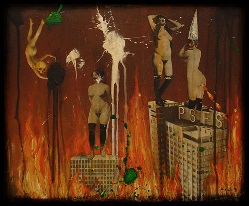 Downtown, técnica mixta, obra de Mia Mäkilä, mujeres vintage ardiendo en un infierno moderno