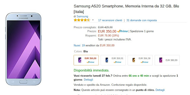 Samsung Galaxy A5 2017 disponibile a 350 euro, venduto e spedito da Amazon