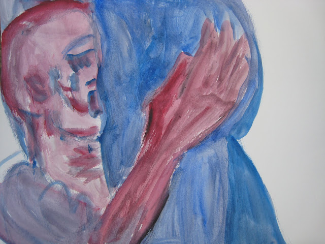 Pintura que muestra un beso en un pubis azul, obra de Emebezeta
