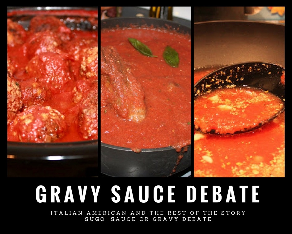 collage of meat italian Sunday Sauce with meatballs, sausage and braciole simmering in pots