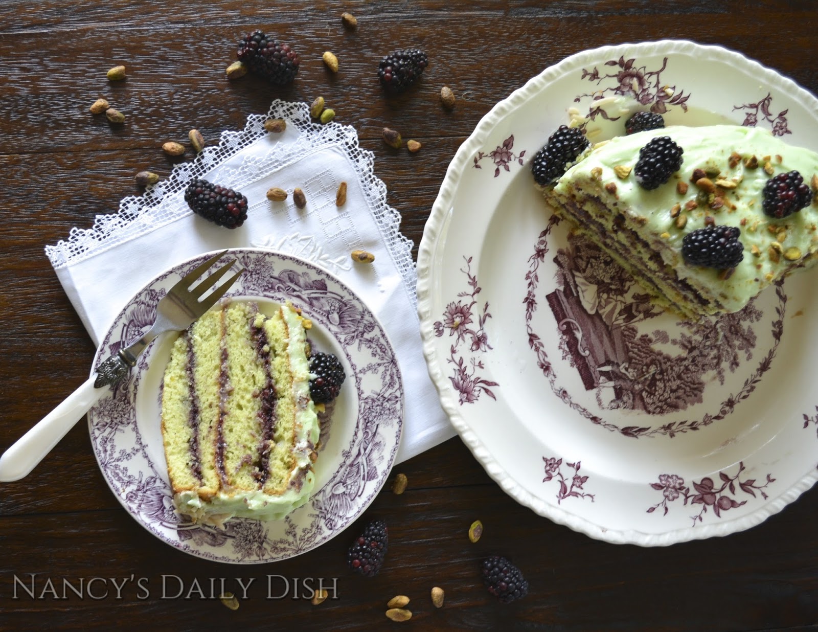 Nancy's Pistachio Almond Cake w/ Blackberry Filling & Pistachio Cream