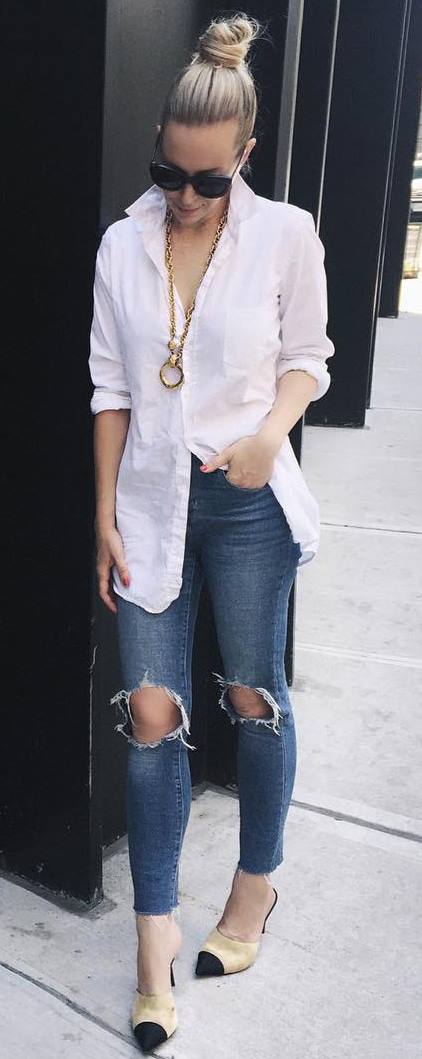 trendy casual style outfit: white shirt + ripped jeans + heels