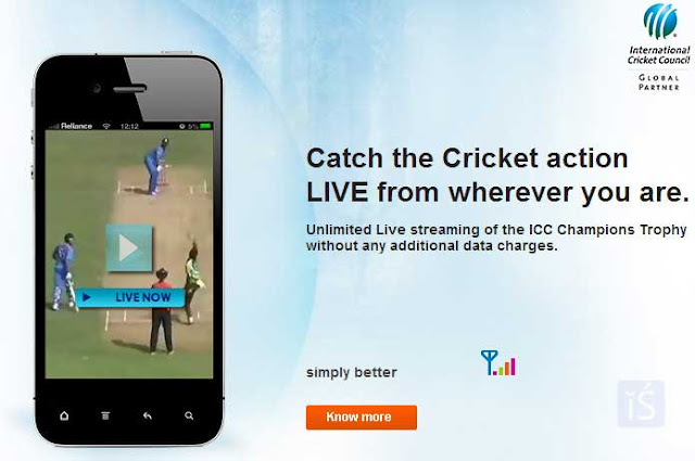  Free unlimited live streaming of Champions Trophy in Reliance 3G