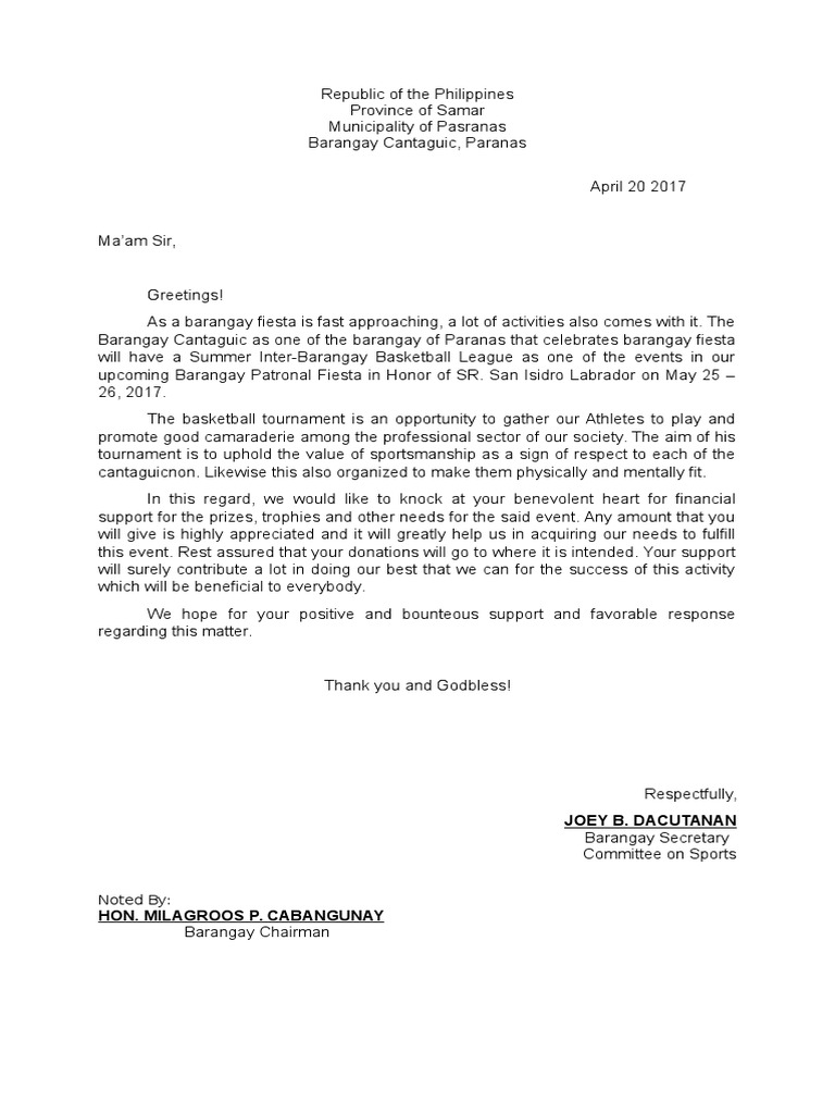 solicitation letter for barangay fiesta - philippin news collections