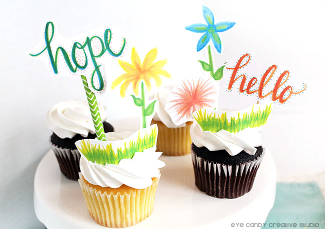 free cupcake toppers, spring flower toppers, spring flowers,hand lettered