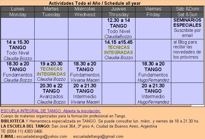 Horarios Tango todo el Año / Schedule all year