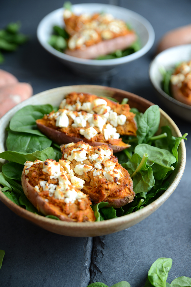 Waffle & Whisk: 10 Minute Jacket Sweet Potatoes with Curried Tuna and Feta