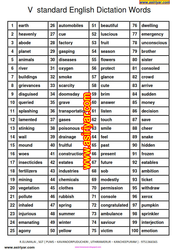 5TH STANDANRD 400 ENGLISH DICTATION WORDS Online FA a 