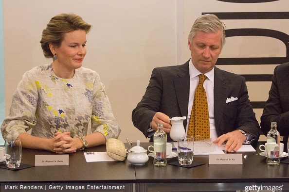 King Philippe and Queen Mathilde of Belgium visit the RTBF studio on March 19, 2015 in Brussels, Belgium.