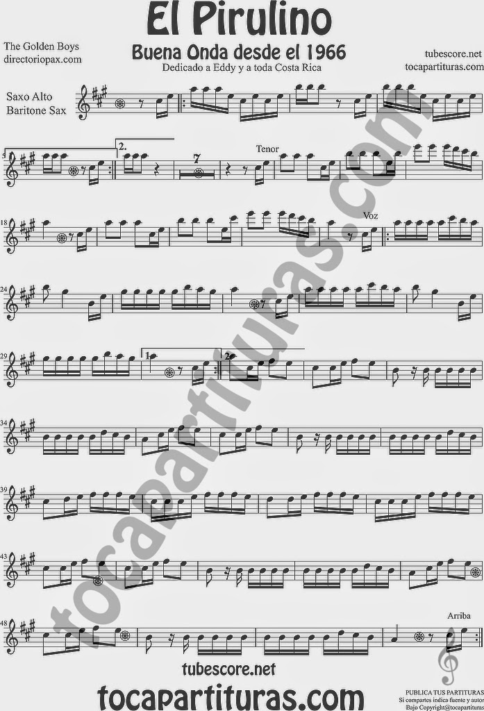 El Pirulino Partitura de Saxofón Alto y Sax Barítono Sheet Music for Alto and Baritone Saxophone Music Scores by The Golden Boys para Costa Rica