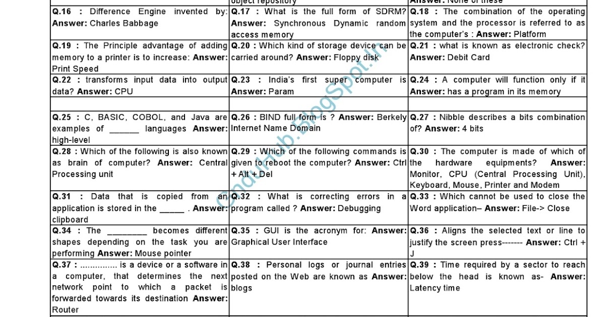 Computer Basic 200+ Questions and Answers Pdf Download ~ Next ...