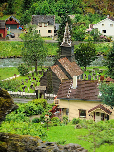 The Village of Flåm as seen from the railway. Later, we'll visit this Flåm Kyrkje built in 1667.