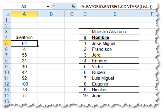Resultado de imagen para ejemplo de funcion ALEATORIO.ENTREen excel