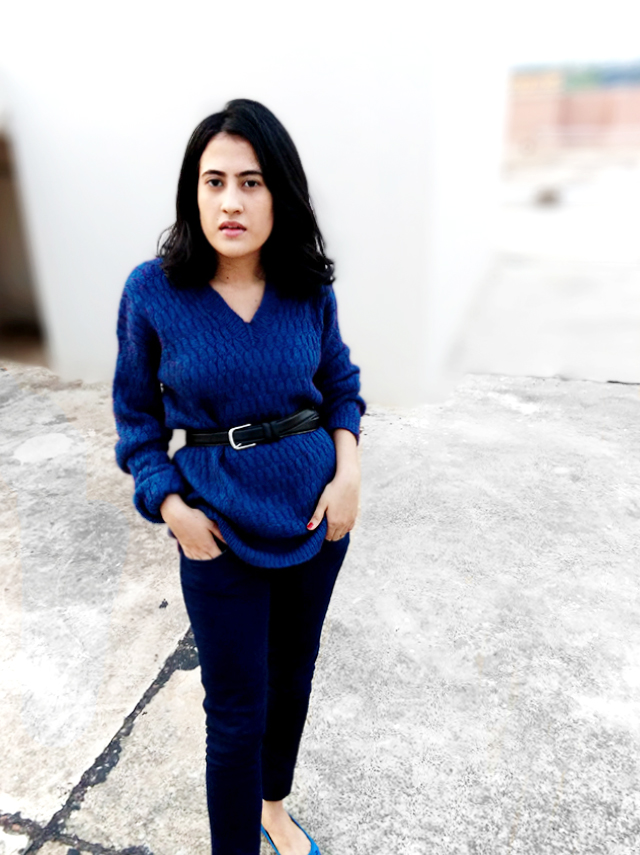 SHADE OF BLUE | STYLE PANORAMA: FASHION AND ILLUSTRATION BLOG FROM DHEERA JOSHI belted blue sweater,blue monochrome outfit