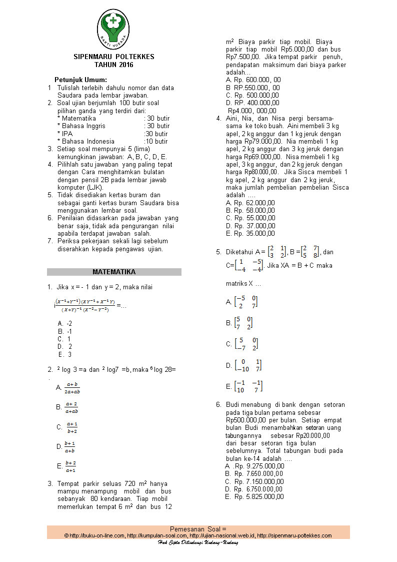 Contoh Soal Ujian Masuk Poltekkes Yogyakarta 2016 Beserta