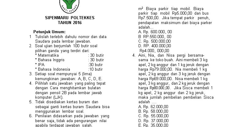 Soal Tes Masuk Poltekkes Semarang Jawabanku Id