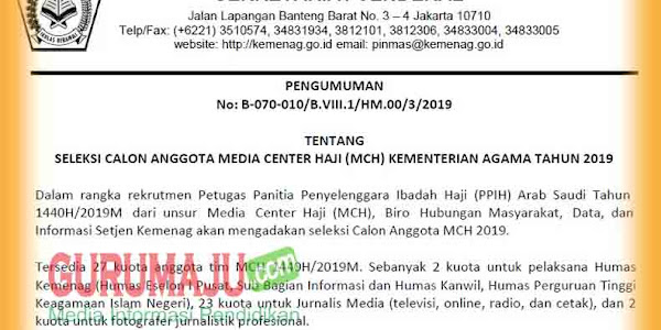 Seleksi Calon Anggota Media Center Haji (MCH) Kemenag Tahun 2019