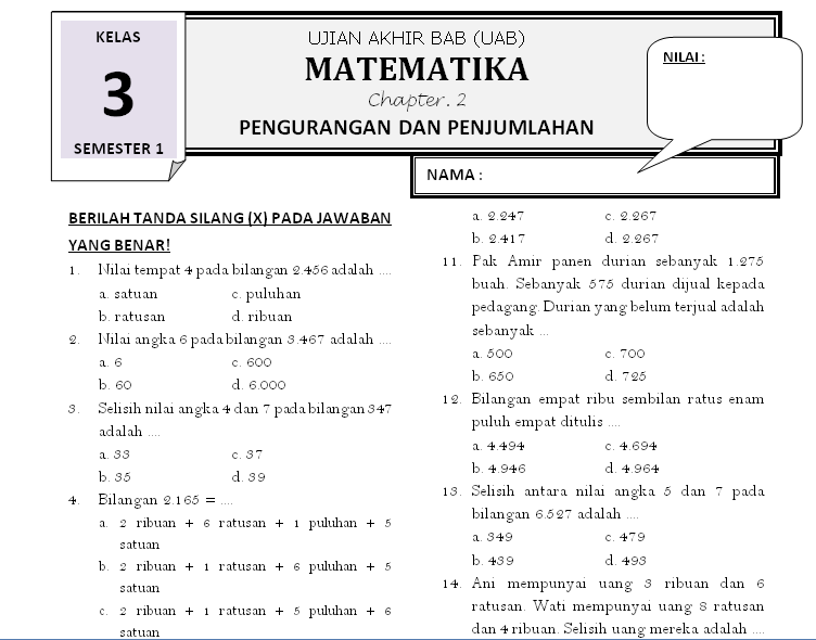 Soal Matematika Kelas 3 - Bab 2. Pengurangan Dan Penjumlahan - Rief Awa