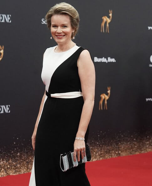Queen Mathilde wore a two-tone crepe gown by Carolina Herrera. Bambi Awards at Festspielhaus in Baden-Baden