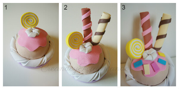 Decoramos el cupcake de goma eva con caramelo y barquillos