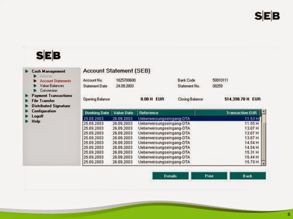 SEB Internet Bank Account Screen