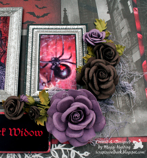 Halloween layout with DCWV and Little Birdie Crafts flowers.