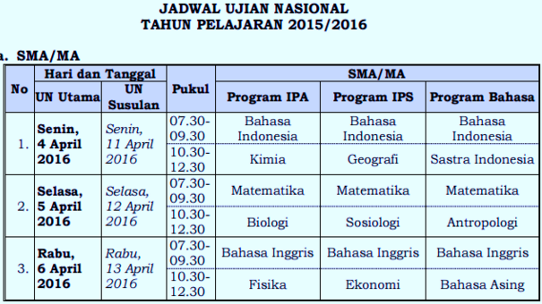 Jadwal Ujian Nasional UNAS SMP SMA 2016 - Hamizan Blog