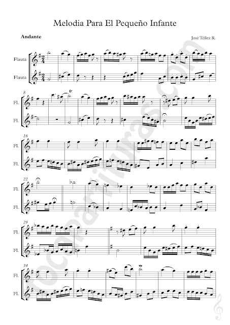  Partitura para Pequeño Dúo de Flautas Transversales o Traversas a Dos Voces Sheet Music for Flute Duet Melodía para el Pequeño Infante de José Téllez