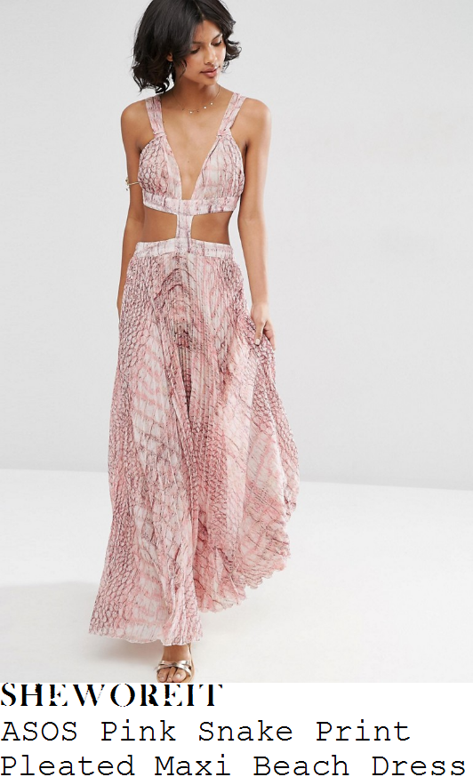 chloe-lewis-asos-pale-pink-white-and-grey-snakeskin-print-sleeveless-plunge-front-cut-out-detail-pleated-semi-sheer-chiffon-beach-maxi-dress
