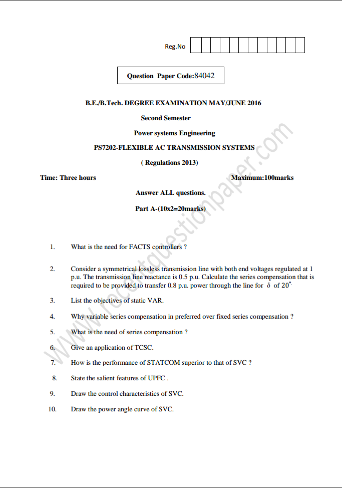 ME POWER ELECTRONICS AND DRIVES MODEL QUESTION PAPER S PS7202 FLEXIBLE A.C. TRANSMISSION SYSTEM