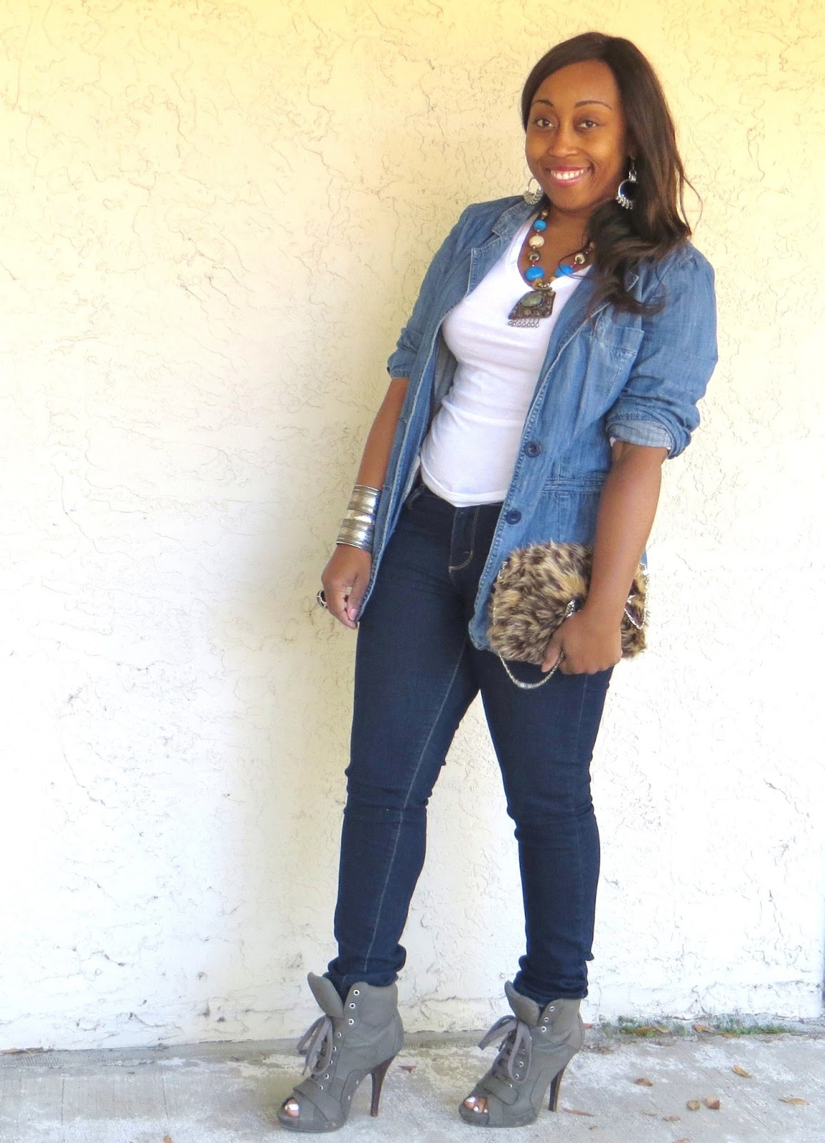 Outfit:Denim Blazer, Skinnies, and Open-Toe Booties