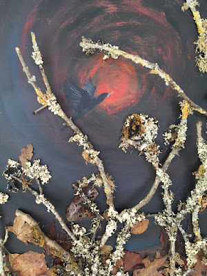 Painting with crow flying into red vortex. Lichen covered twigs added as 3D 'Crying Crow' - 'On the right path' - detail